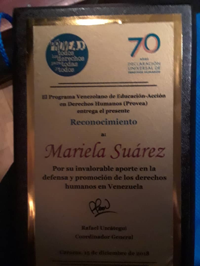 PROVEA Premió A Mariela Suarez Por Su Labor En La Promoción Y Defensa De Los Derechos Humanos